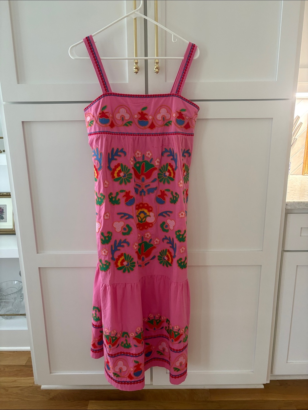 Pink Embroidered Cotton Sundress with Floral Motif